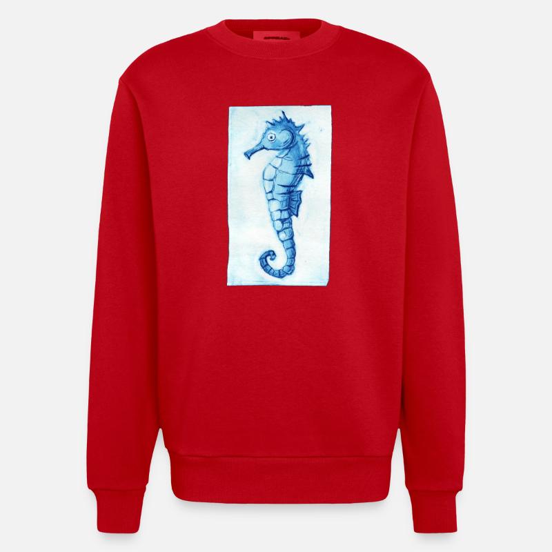 Seepferdchen Maritim - Druckvorlage handgeschnitzt - Heavyweight Oversized Organic Crew Neck Made in EU - Rot