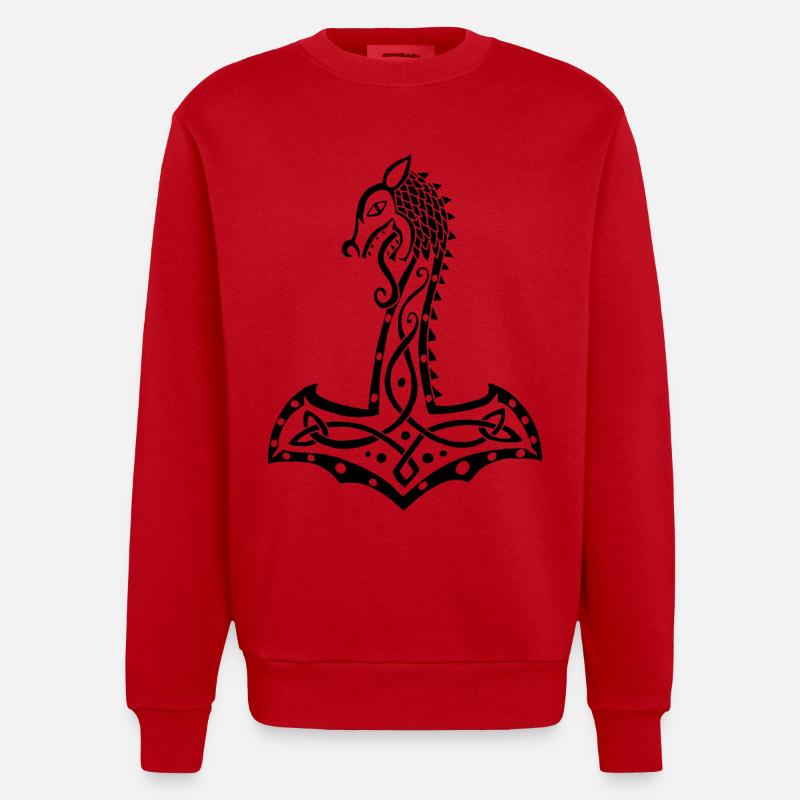 Schwarzer Wolf und Thors Hammer - Heavyweight Oversized Organic Crew Neck Made in EU - Rot