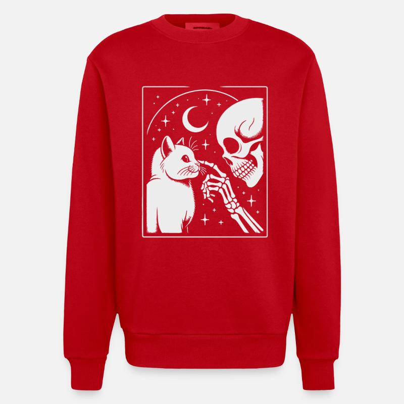 Celestial Cat and Skeleton Night Art - Heavyweight Oversized Organic Crew Neck Made in EU - red