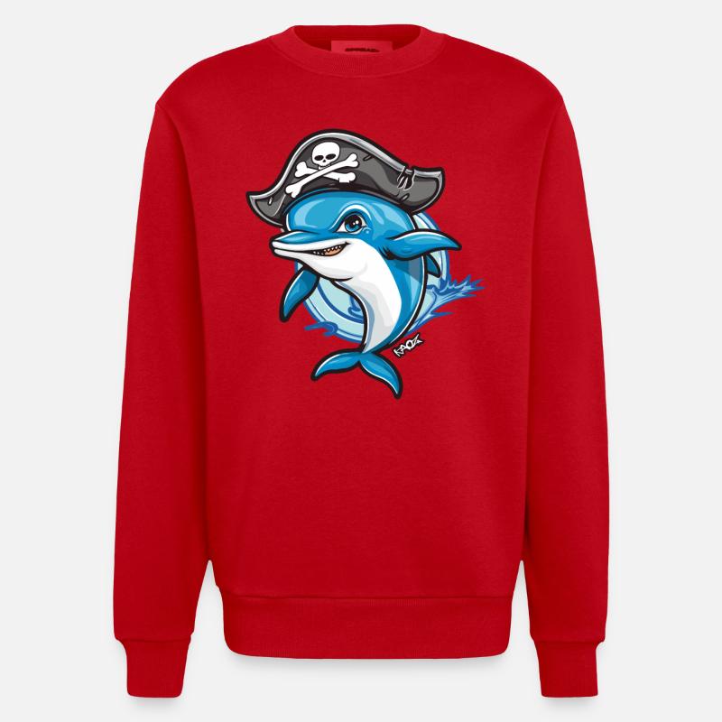 Pirate dauphin de dessin animé - Sweat bio épais oversize fabriqué en UE - rouge