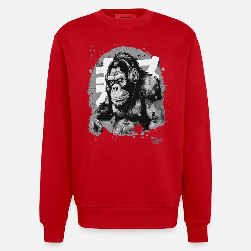 Funky Musik Kopfhörer Schimpansen-Affe - Heavyweight Oversized Organic Crew Neck Made in EU - Rot