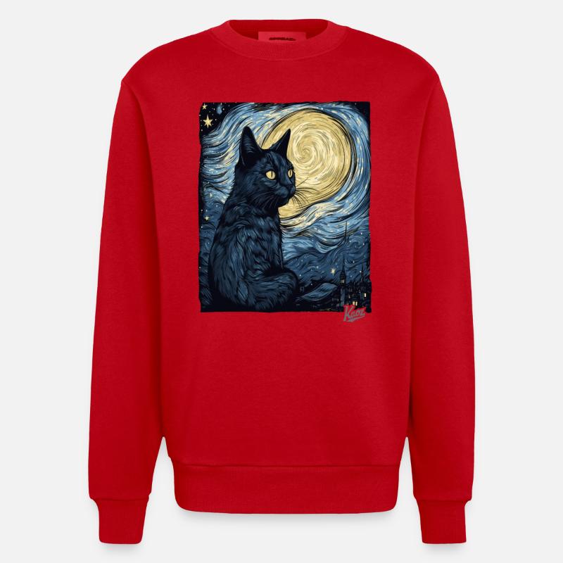 Nuit étoilée et chat noir - Sweat bio épais oversize fabriqué en UE - rouge