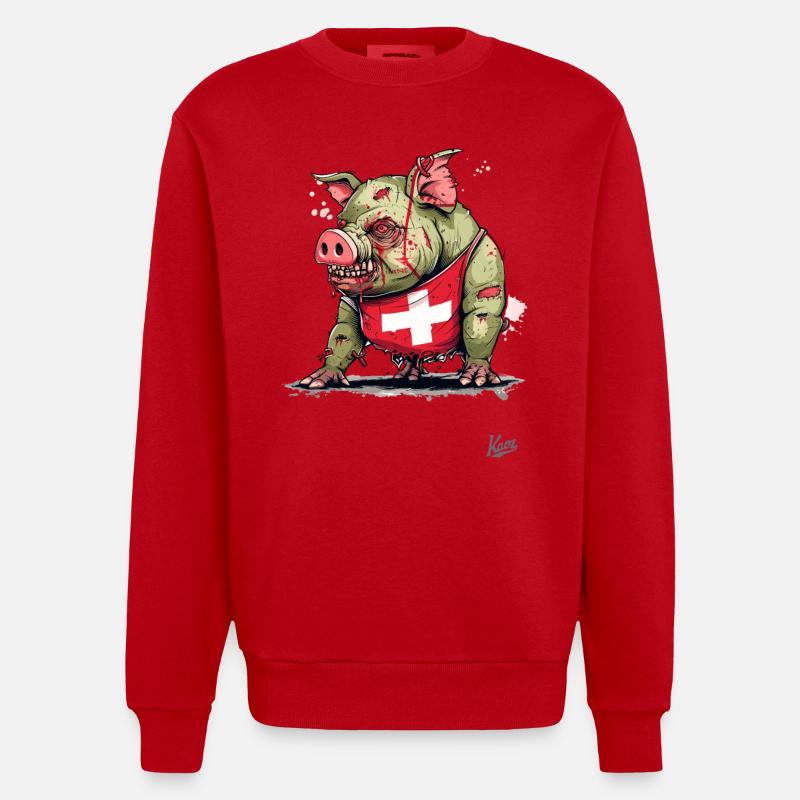 Drapeau suisse : Cochon zombie - Sweat bio épais oversize fabriqué en UE - rouge
