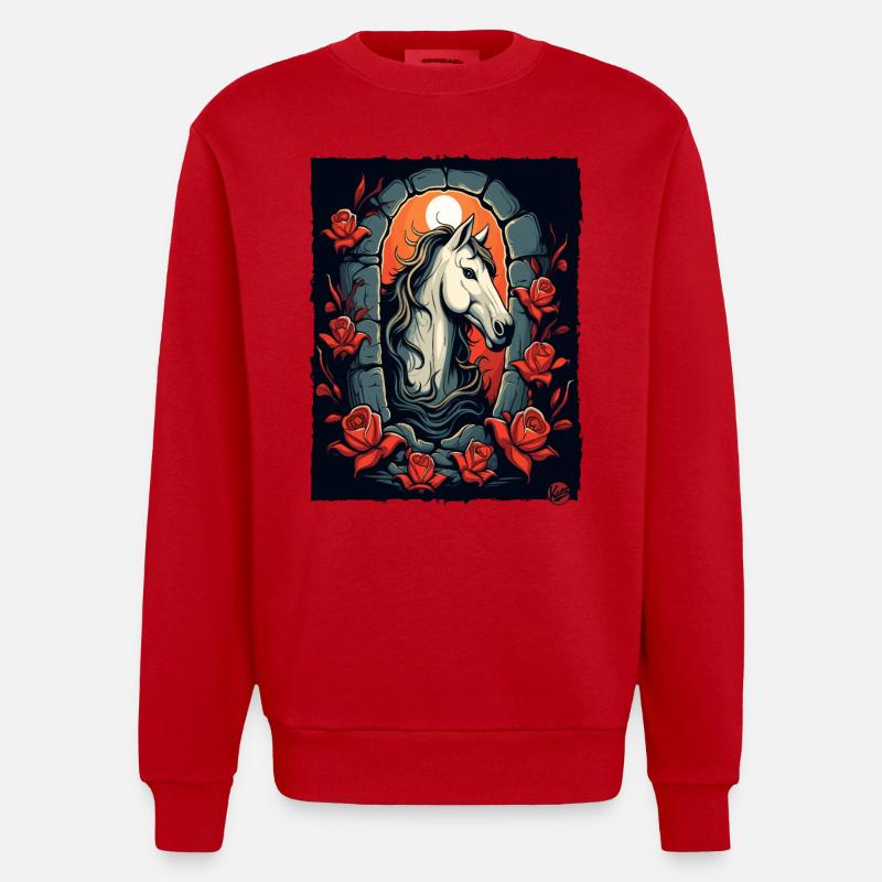 Roses et cheval - Sweat bio épais oversize fabriqué en UE - rouge