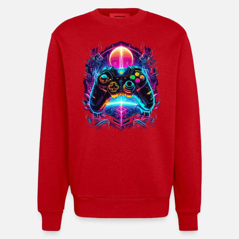 Vibrant Cyberpunk Retro Gaming Controller - Heavyweight Oversized Organic Crew Neck Made in EU - red