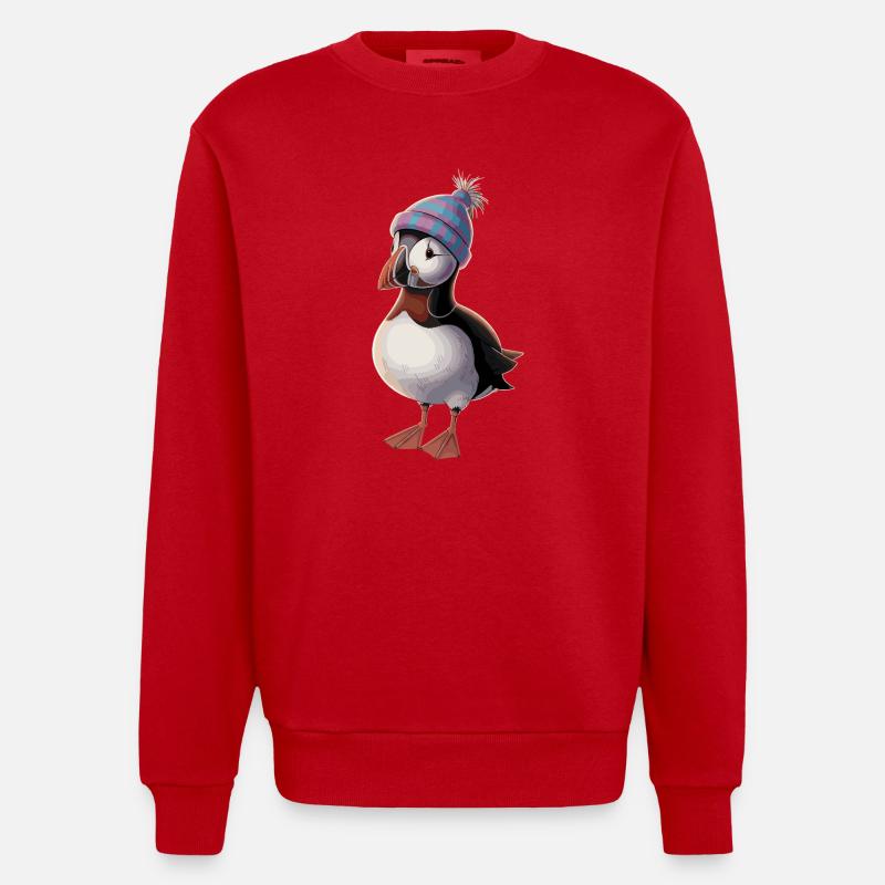 Beautiful puffin with cap - Heavyweight Oversized Organic Crew Neck Made in EU - red