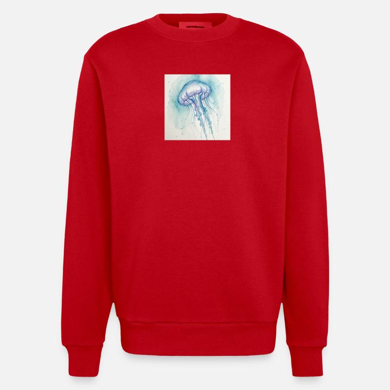 Aquarelle de Méduse, Bleu Océan - Sweat bio épais oversize fabriqué en UE - rouge