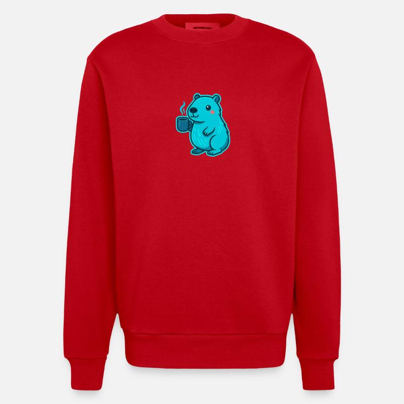 Blue Capybara with Coffee - Heavyweight Oversized Organic Crew Neck Made in EU - red