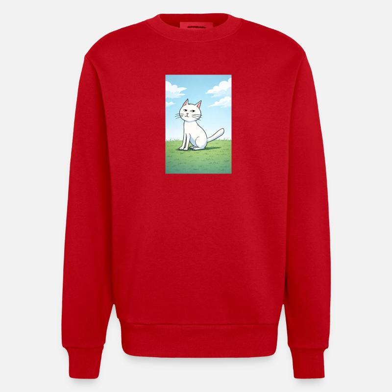 White cat with a cheeky look - Heavyweight Oversized Organic Crew Neck Made in EU - red
