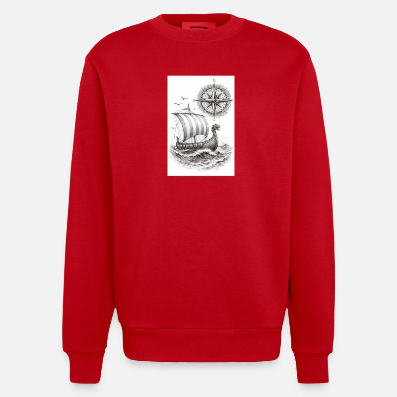 Compass Viking Sailing Ship - Heavyweight Oversized Organic Crew Neck Made in EU - red