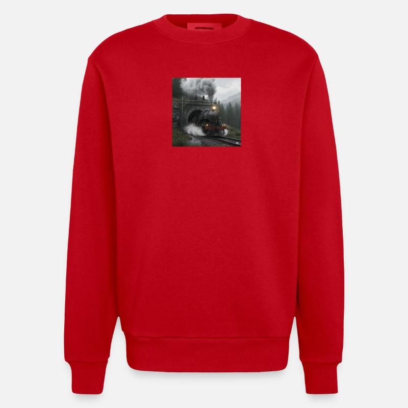 Dampfzug durch den Wald am Tunnel - Heavyweight Oversized Organic Crew Neck Made in EU - Rot