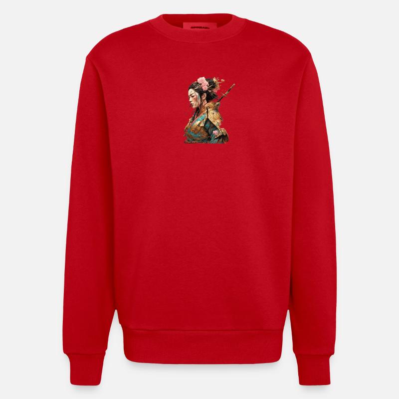 Geisha-Kriegerin mit Kirschblüten - Heavyweight Oversized Organic Crew Neck Made in EU - Rot