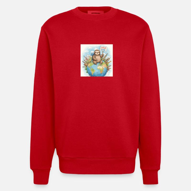 Sloth Wanderer Stop War - Heavyweight Oversized Organic Crew Neck Made in EU - red