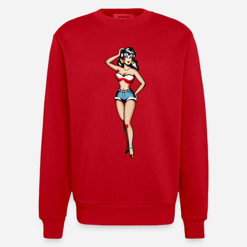 Klassisches Tattoo-Pin-up-Mädchen - Heavyweight Oversized Organic Crew Neck Made in EU - Rot