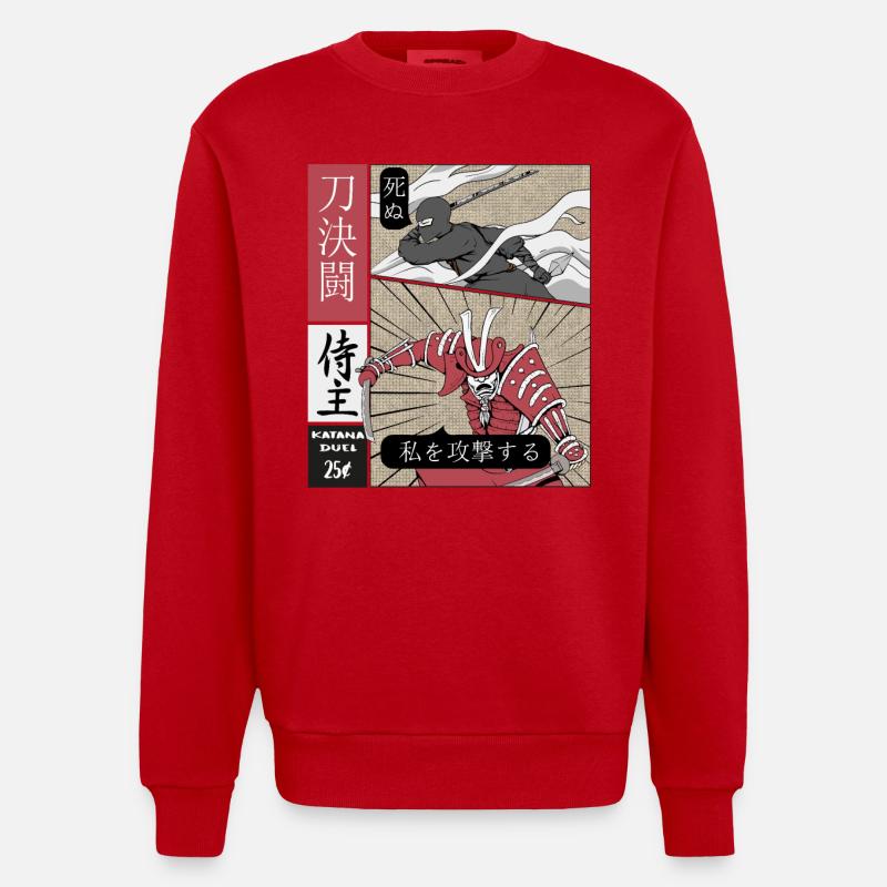 Katana Duell Ninja vs Samurai - Heavyweight Oversized Organic Crew Neck Made in EU - Rot