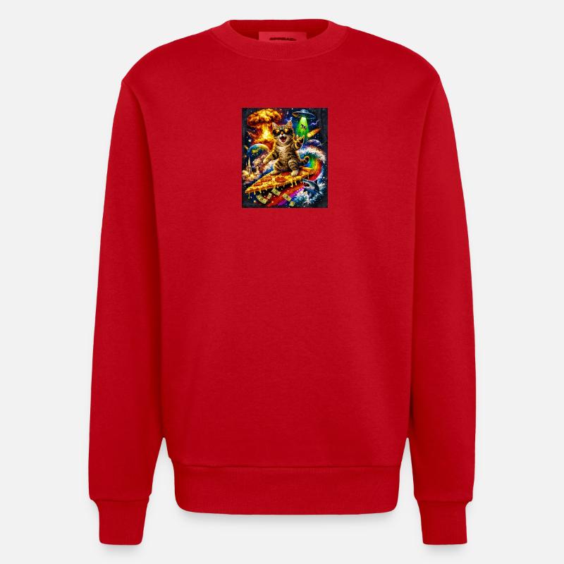 Chat de l’espace sur la pizza - Sweat bio épais oversize fabriqué en UE - rouge