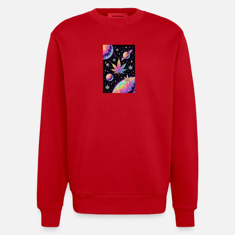 Psychedelic Space Cannabis Pattern - Heavyweight Oversized Organic Crew Neck Made in EU - red