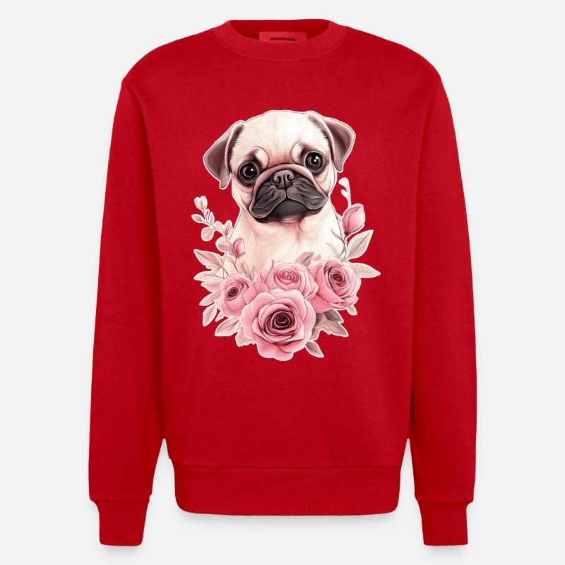 Mops mit Blumen - Heavyweight Oversized Organic Crew Neck Made in EU - Rot
