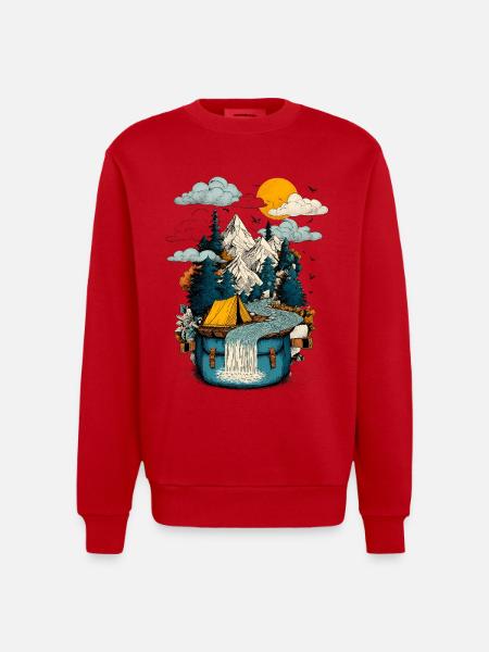 Mountain Lake Path - Camping Backpacker Motif - Heavyweight Oversized Organic Crew Neck Made in EU - red