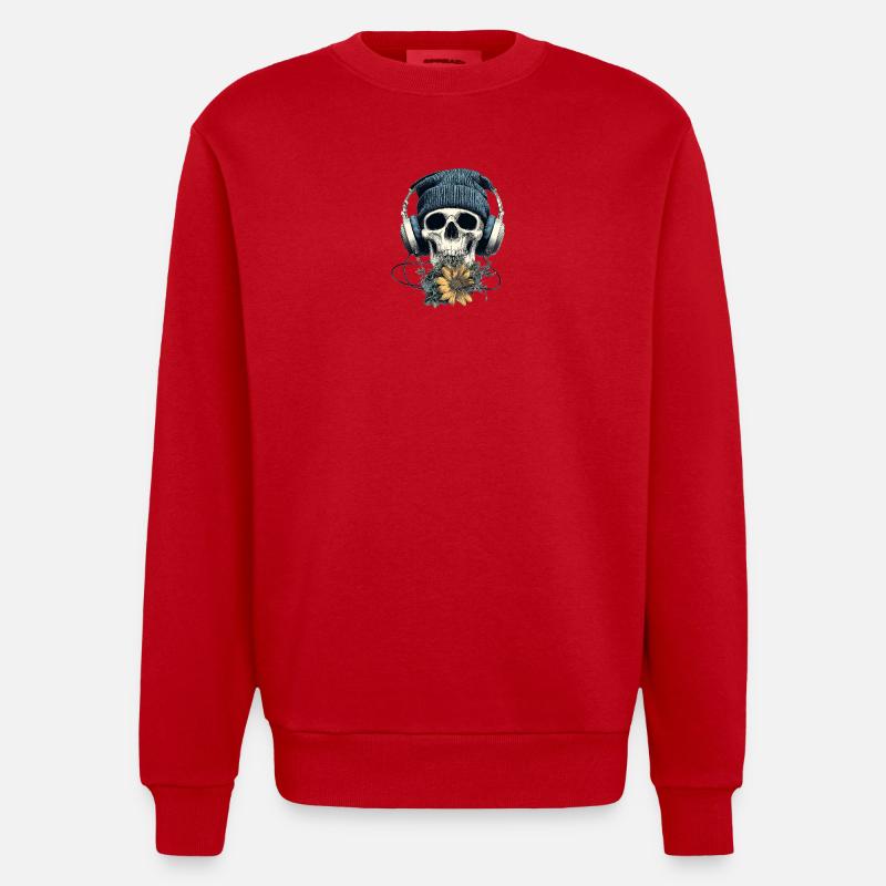 Crâne avec casque et fleurs - Sweat bio épais oversize fabriqué en UE - rouge