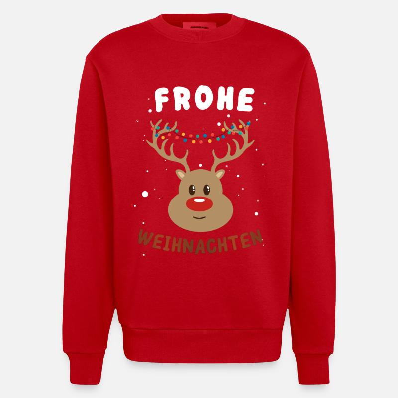 Festlicher Rudolf Rentier Weihnachtspullover - Heavyweight Oversized Organic Crew Neck Made in EU - Rot