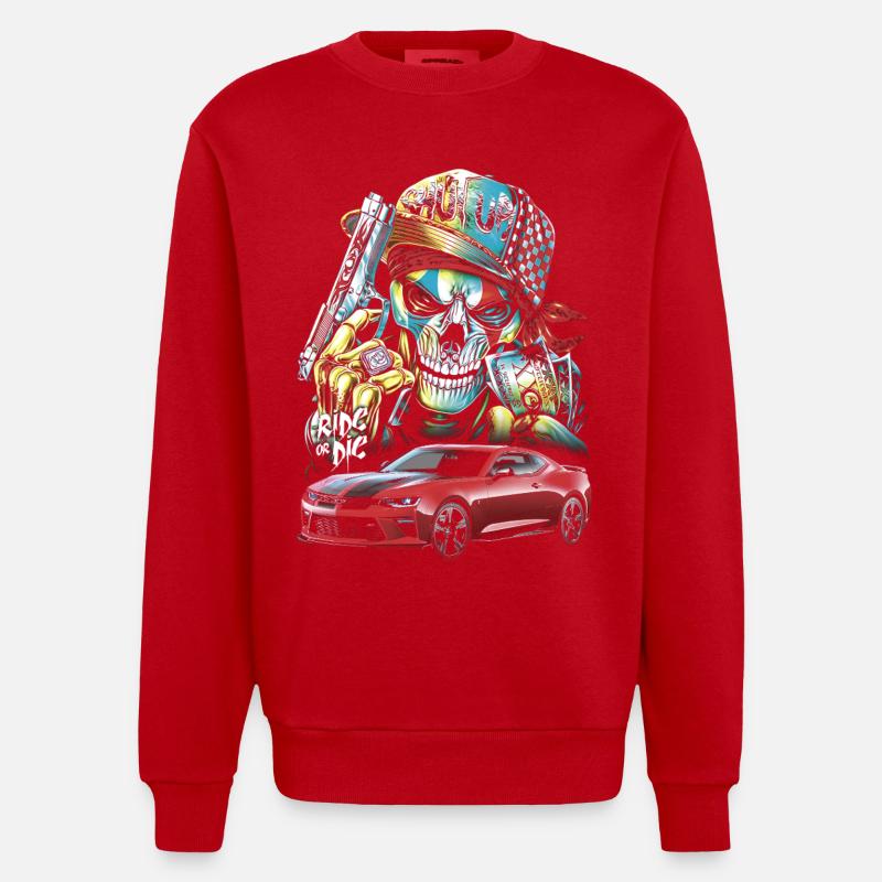 Schädel, Mutig, Rotes Auto - Heavyweight Oversized Organic Crew Neck Made in EU - Rot