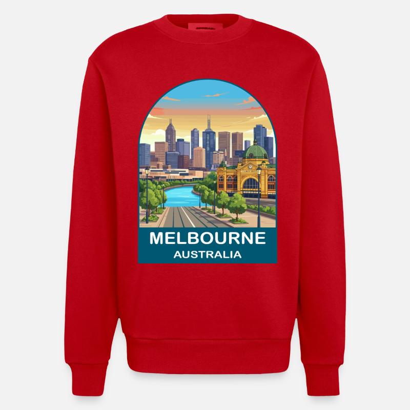 Melbourne, Australien, Flinders St Reiseplakat - Heavyweight Oversized Organic Crew Neck Made in EU - Rot