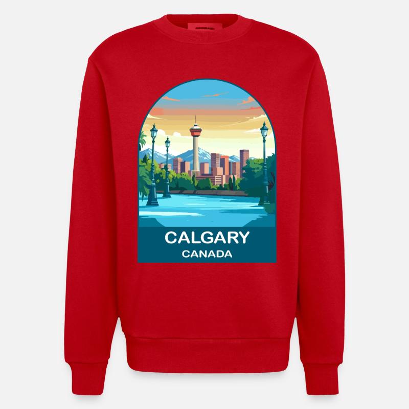 Calgary Canada Tower & Berge Reisekunst - Heavyweight Oversized Organic Crew Neck Made in EU - Rot