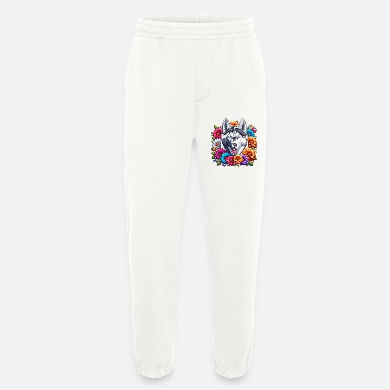 Husky and Floral Pattern - Heavyweight Jogging Pants - made by SPREAD - OFF WHITE