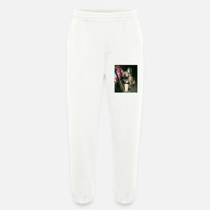 Bouledogue français buvant du café glacé - Pantalon de jogging bio épais fabriqué en UE - OFF WHITE