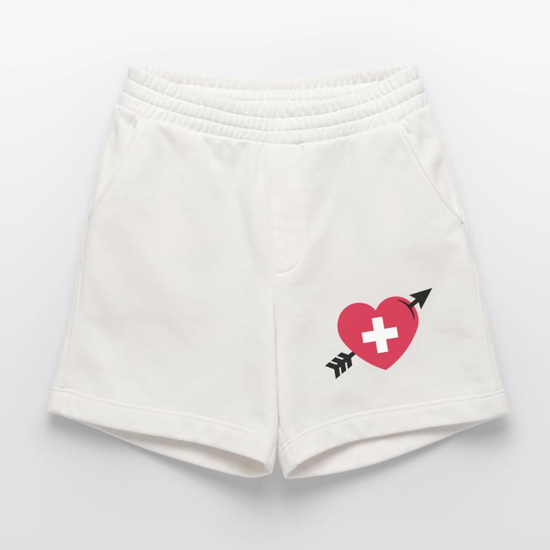 Coeur avec Croix Suisse et Flèche (Suisse / 3C) Short bio épais fabriqué en UE