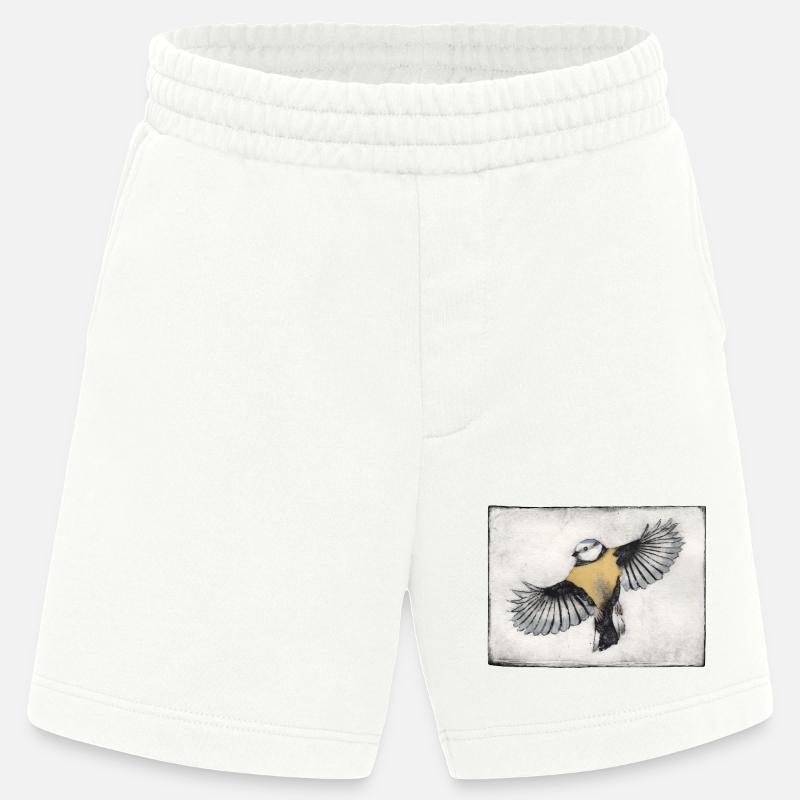 Vogel im Flug - handgeschnitzte Druckvorlage - Heavyweight Shorts - made by SPREAD  - OFF WHITE