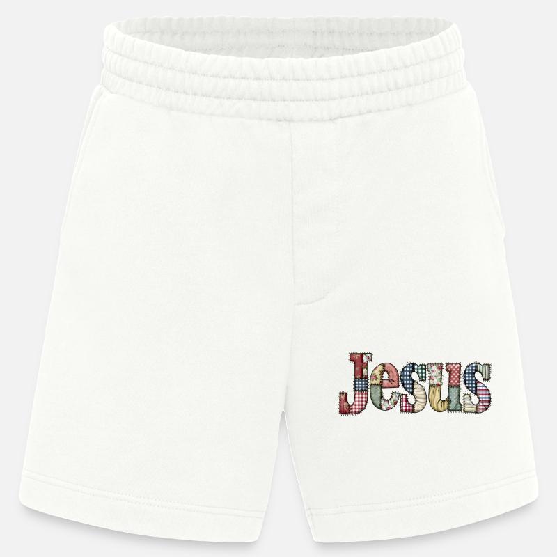 Lettrage Jésus en patchwork - Short bio épais fabriqué en UE - OFF WHITE