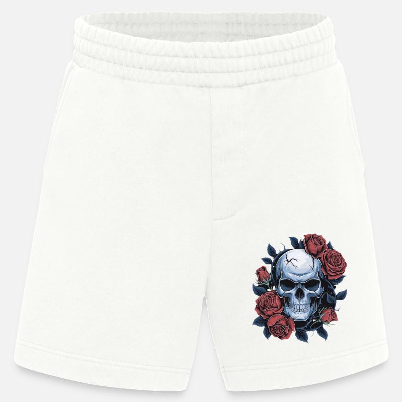 Crâne avec des fleurs de roses - Short bio épais fabriqué en UE - OFF WHITE