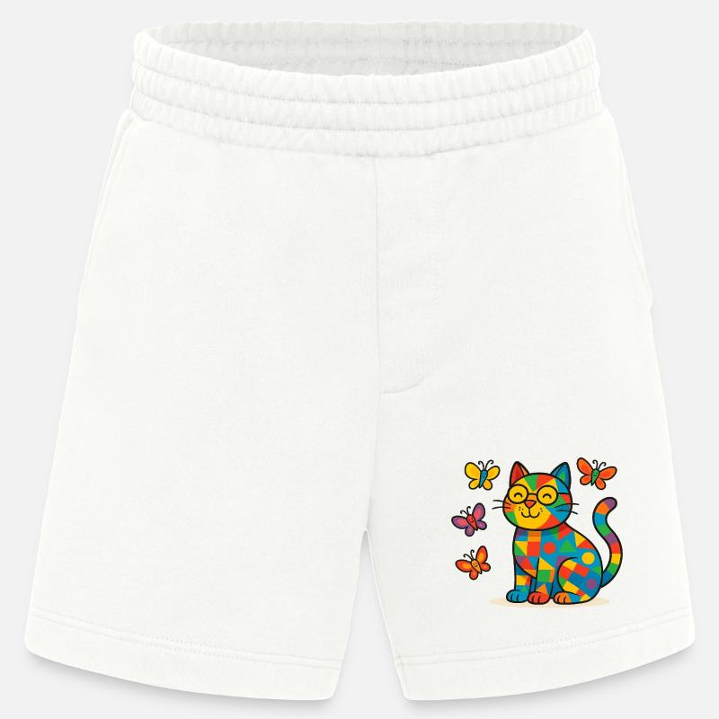 Patchwork-Katze mit bunten Schmetterlingen - Heavyweight Shorts - made by SPREAD  - OFF WHITE