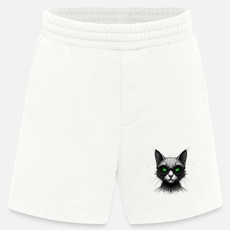 Green Eyes Computer Coder Geek Cat - Heavyweight Shorts - made by SPREAD  - OFF WHITE