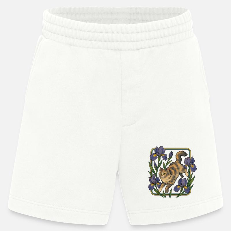 Chat élégant parmi les fleurs d'iris - Short bio épais fabriqué en UE - OFF WHITE