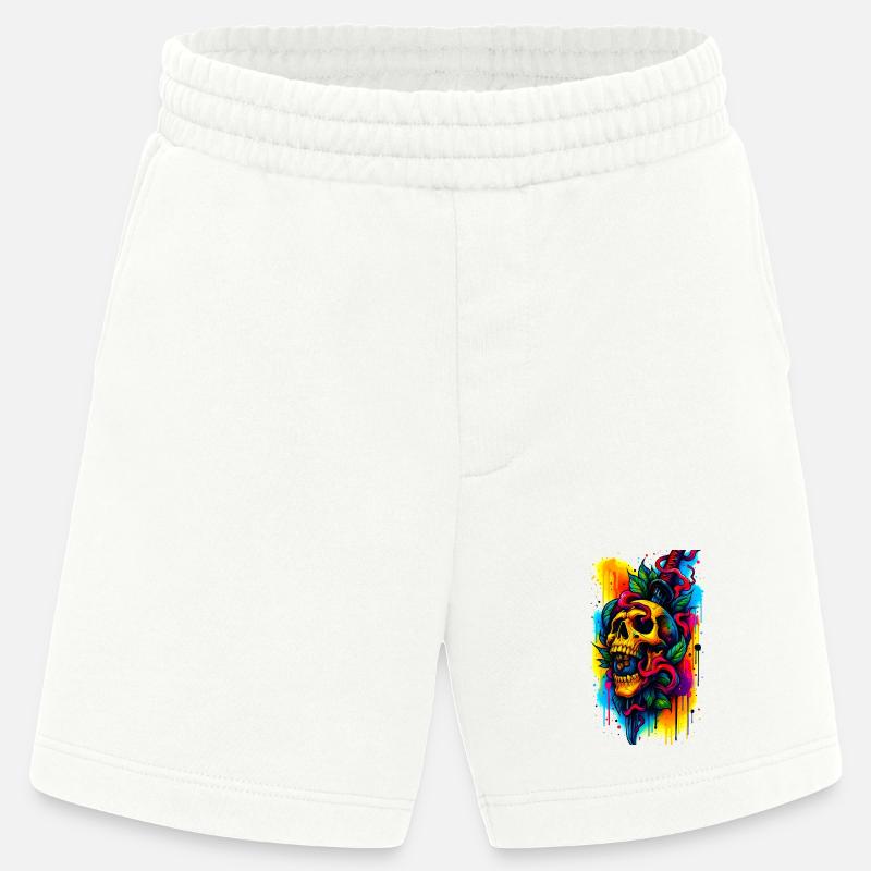 Bunter Totenschädel mit Messer und Blättern - Heavyweight Shorts - made by SPREAD  - OFF WHITE