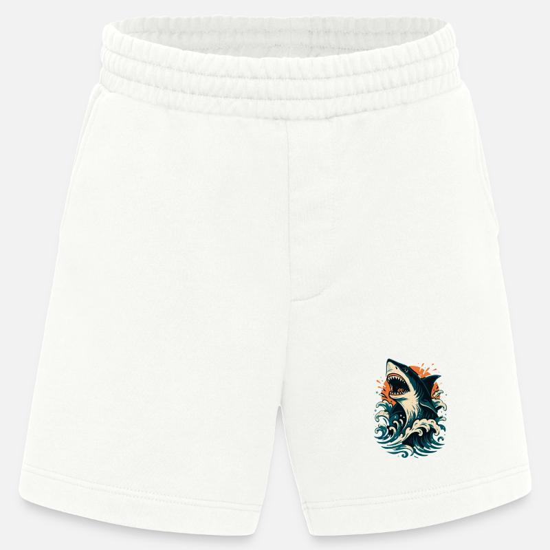 Shark roars through orange waves - Heavyweight Shorts - made by SPREAD  - OFF WHITE