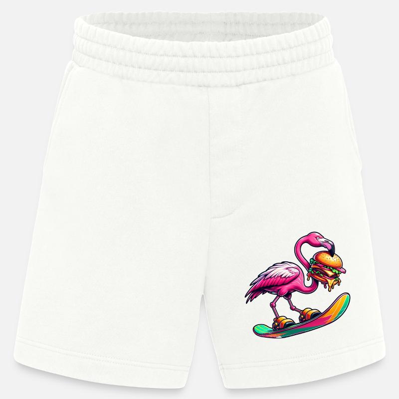 Flamingo Snowboarder mit Burger - Heavyweight Shorts - made by SPREAD  - OFF WHITE