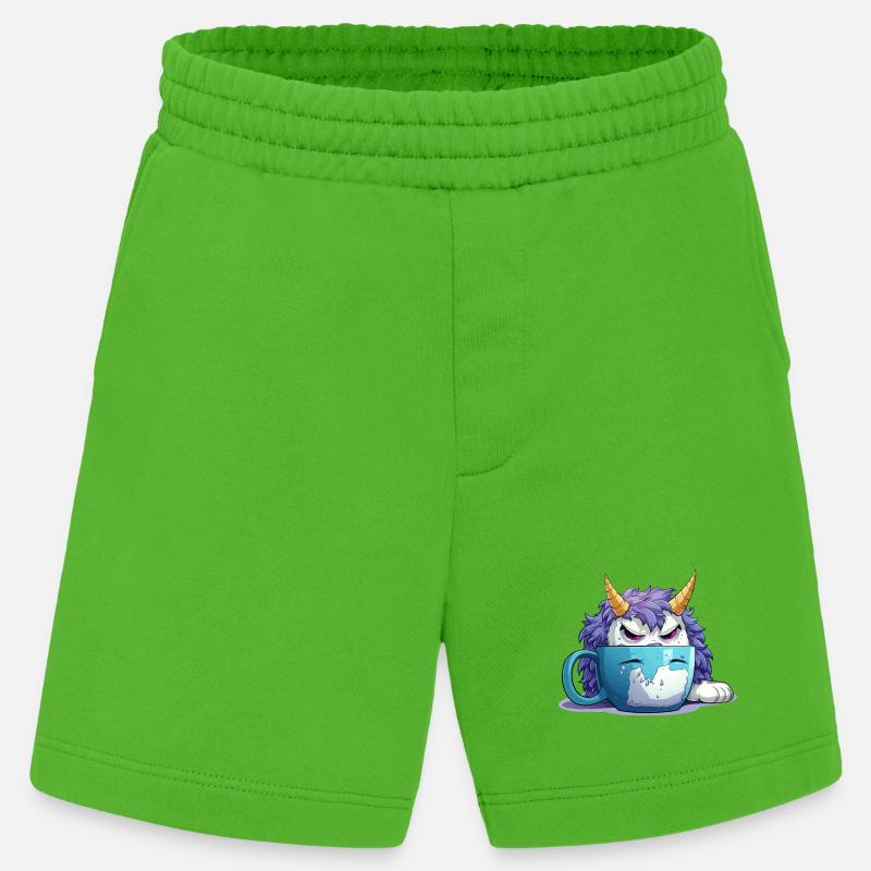 Grumpy monster in a coffee mug - Heavyweight Shorts - made by SPREAD  - Apple Neon