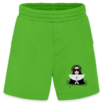 Nonne mit Sonnenbrille und Kopfhörer - Heavyweight Shorts - made by SPREAD  - Apple Neon - Vorne