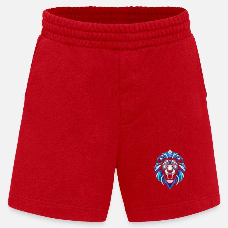 blue lion head, geometric patterns, polygons - Heavyweight Shorts - made by SPREAD - red