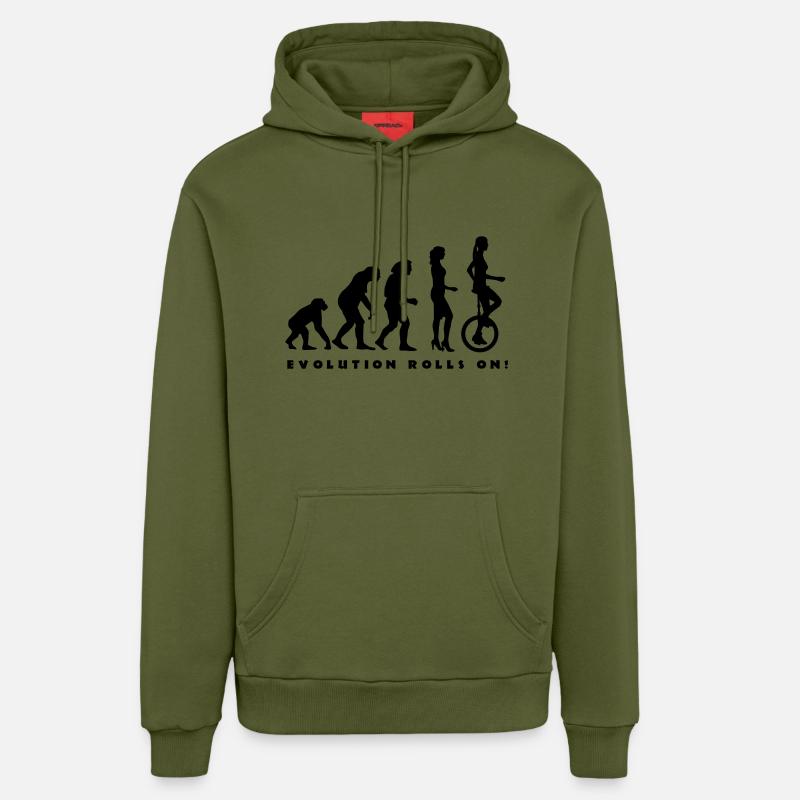 evolution_einradfahrerin_1c_b - Organic Relaxed Hoodie Made in EU - MOSS GREEN