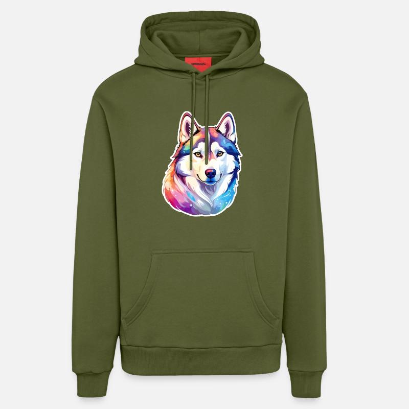 Husky de Sibérie Aquarelles - Sweat à capuche bio décontracté fabriqué en UE - MOSS GREEN