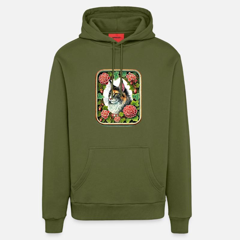 Dilué Calico Maine Coon & Fleurs - Sweat à capuche bio décontracté fabriqué en UE - MOSS GREEN