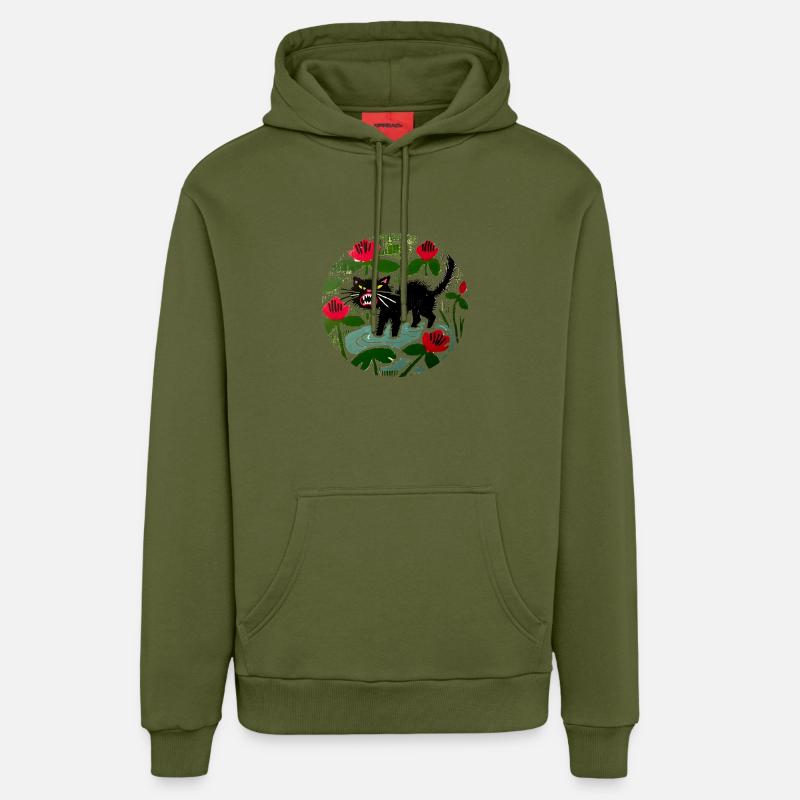 Chat noir et coquelicots - Sweat à capuche bio décontracté fabriqué en UE - MOSS GREEN