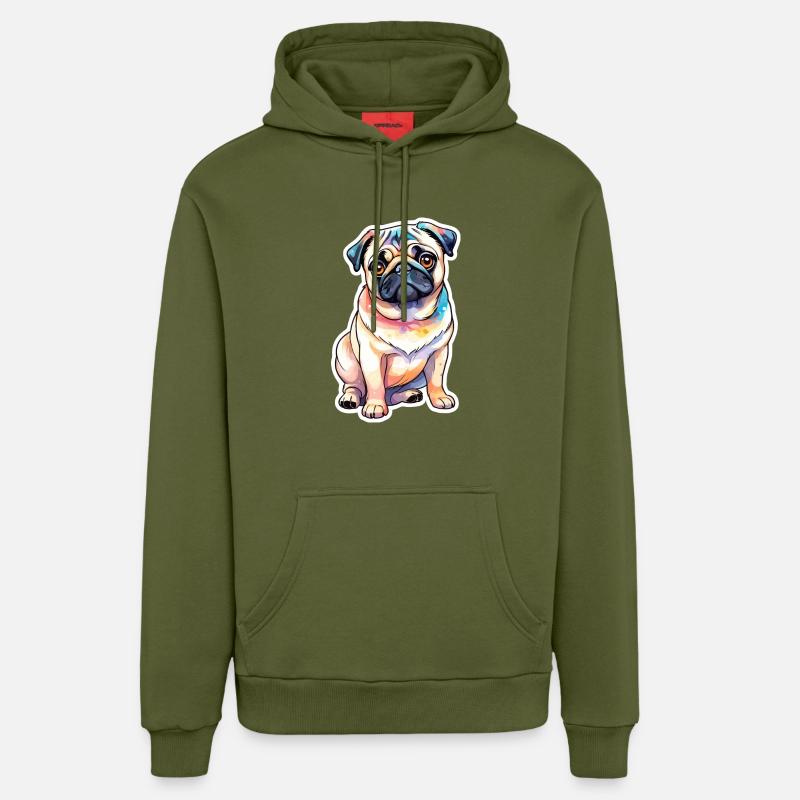 Aquarelles de carlin - Sweat à capuche bio décontracté fabriqué en UE - MOSS GREEN