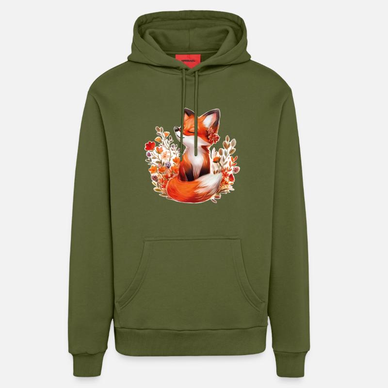 Renard avec des fleurs - Sweat à capuche bio décontracté fabriqué en UE - MOSS GREEN