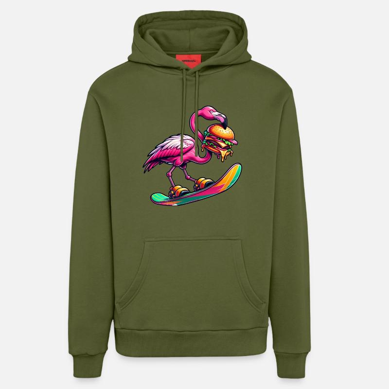 Snowboarder flamant rose avec burger - Sweat à capuche bio décontracté fabriqué en UE - MOSS GREEN